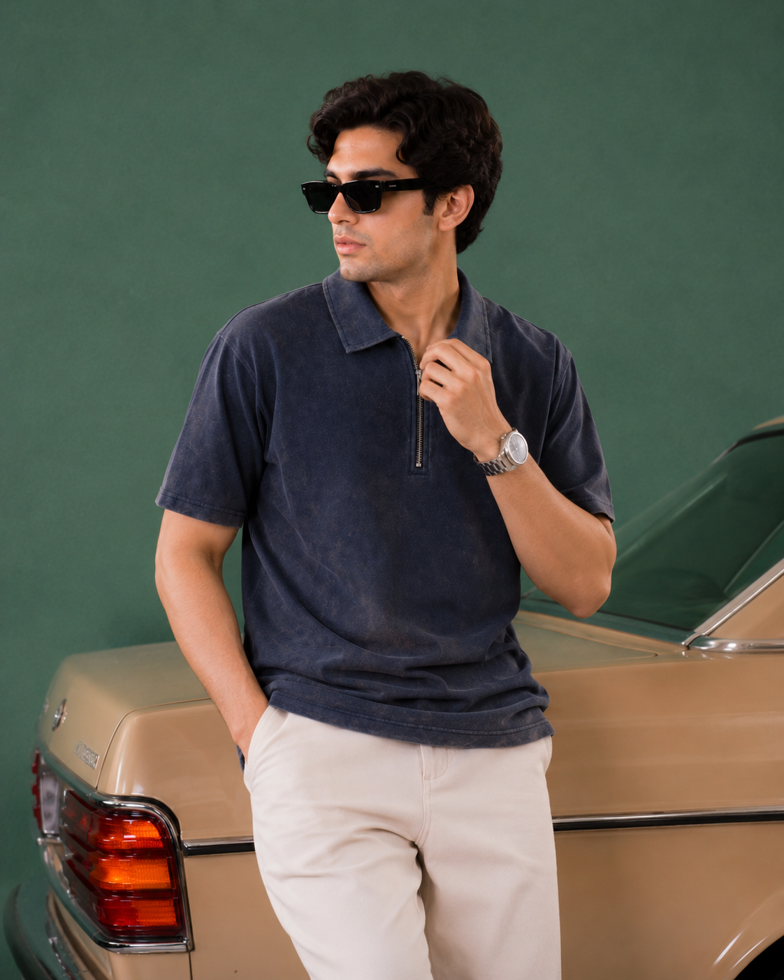 Acid Wash Zipper Polo- Dark Blue