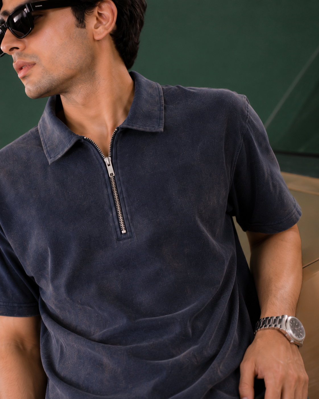 Acid Wash Zipper Polo- Dark Blue