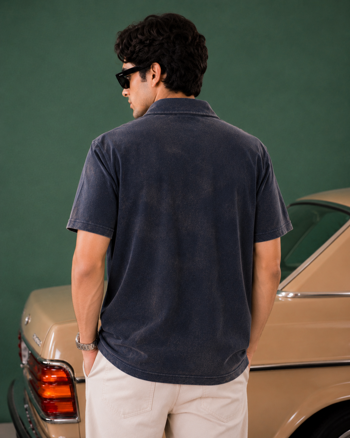 Acid Wash Zipper Polo- Dark Blue