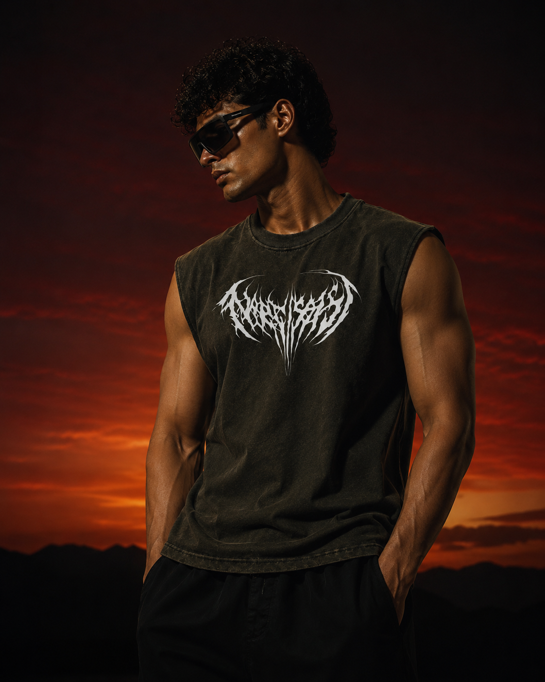 Dark Green Acid-wash Sleeveless Tee- Horned Void