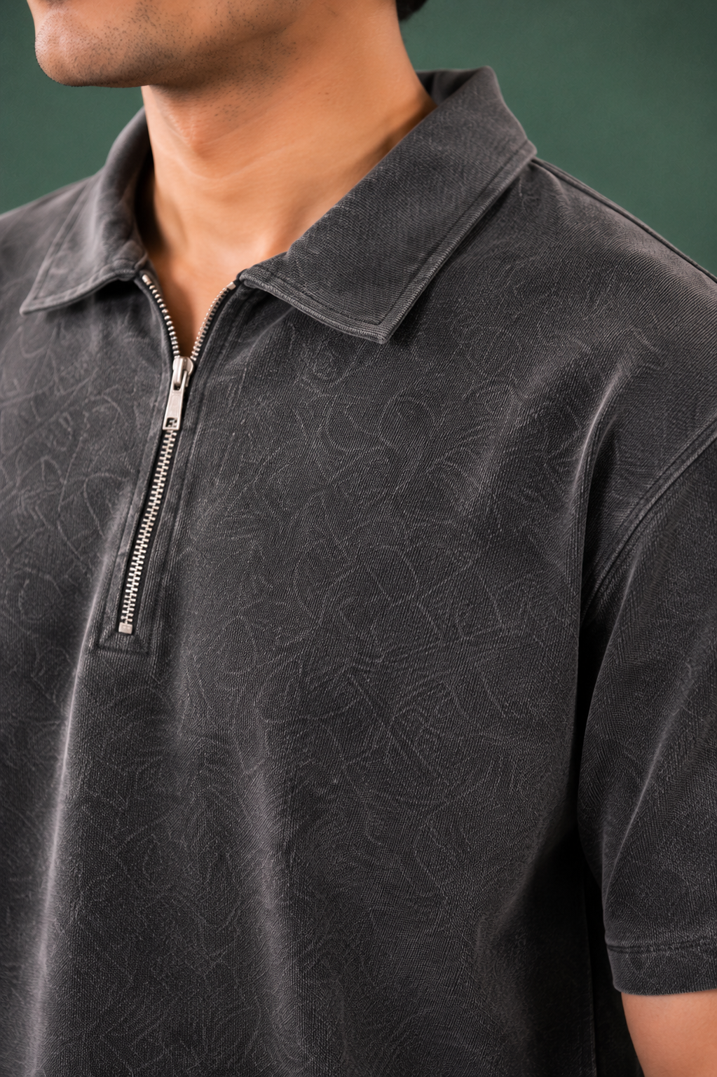Acid Wash Zipper Polo- Dark Grey