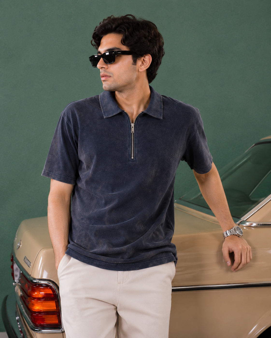 Acid Wash Zipper Polo- Dark Blue