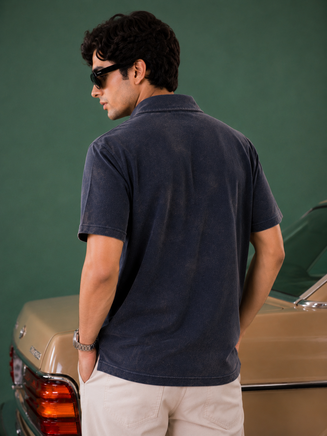 Acid Wash Zipper Polo- Dark Blue