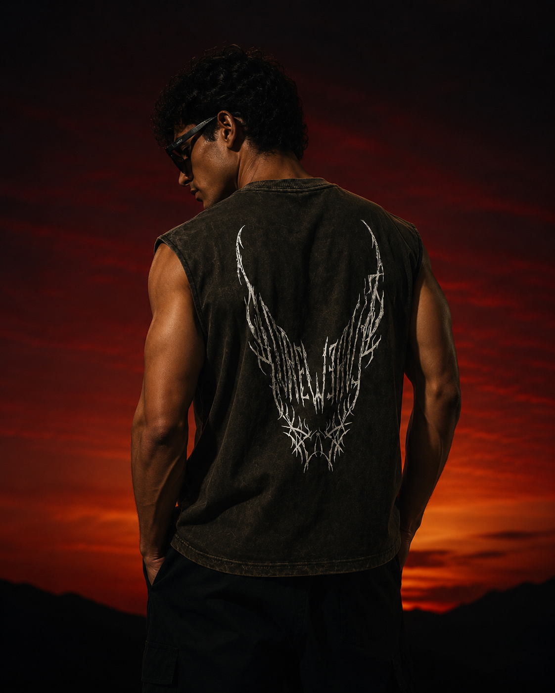 Dark Green Acid-wash Sleeveless Tee- Horned Void
