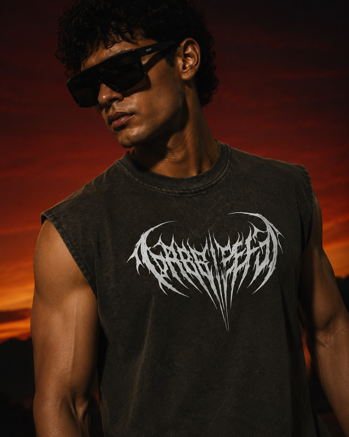 Dark Green Acid-wash Sleeveless Tee- Horned Void
