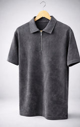 Acid Wash Zipper Polo- Dark Grey