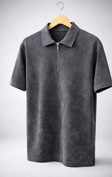 Acid Wash Zipper Polo- Dark Grey