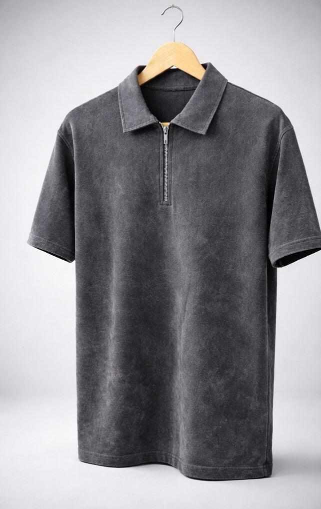 Acid Wash Zipper Polo- Dark Grey