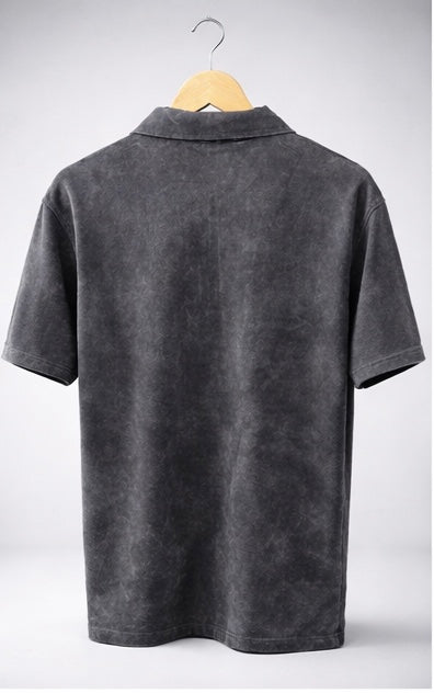 Acid Wash Zipper Polo- Dark Grey