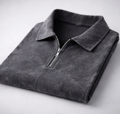 Acid Wash Zipper Polo- Dark Grey