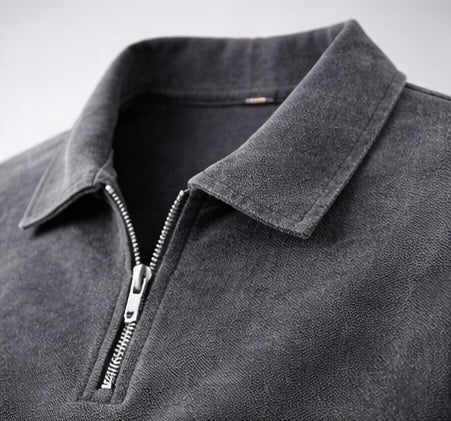 Acid Wash Zipper Polo- Dark Grey