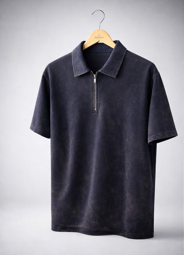 Acid Wash Zipper Polo- Dark Blue