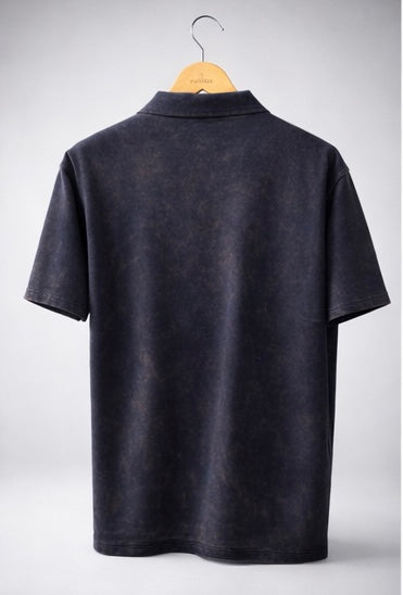 Acid Wash Zipper Polo- Dark Blue