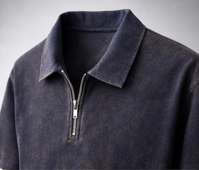 Acid Wash Zipper Polo- Dark Blue