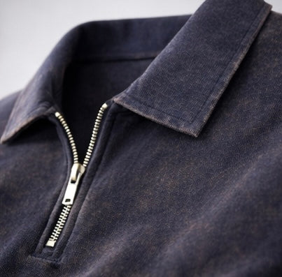Acid Wash Zipper Polo- Dark Blue