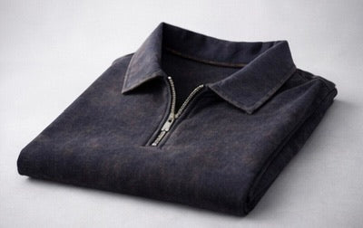 Acid Wash Zipper Polo- Dark Blue