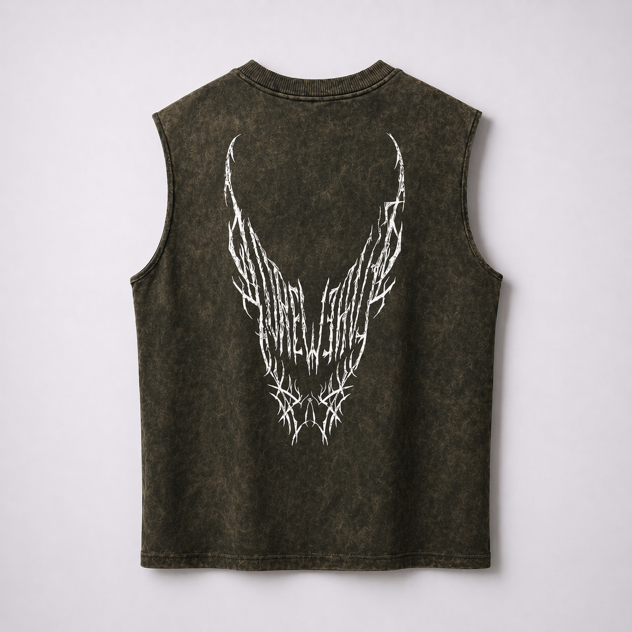 Dark Green Acid-wash Sleeveless Tee- Horned Void