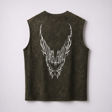Dark Green Acid-wash Sleeveless Tee- Horned Void