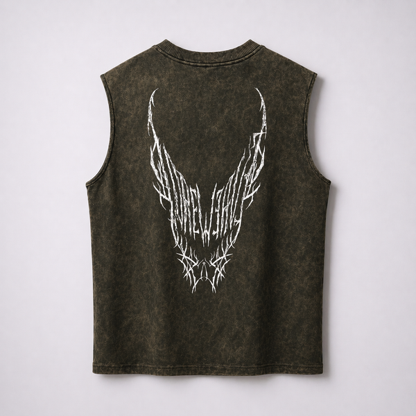 Dark Green Acid-wash Sleeveless Tee- Horned Void