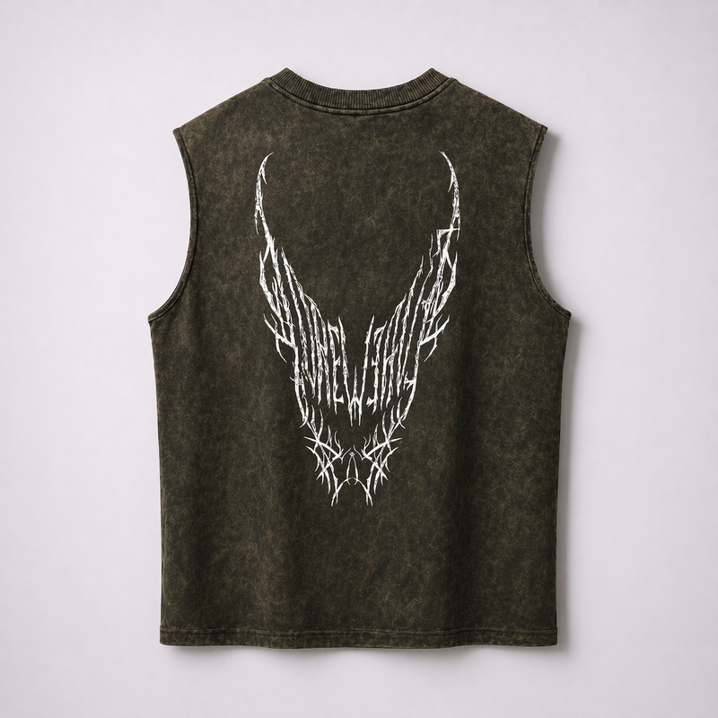 Dark Green Acid-wash Sleeveless Tee- Horned Void