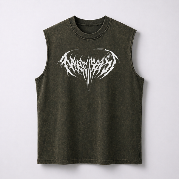 Dark Green Acid-wash Sleeveless Tee- Horned Void